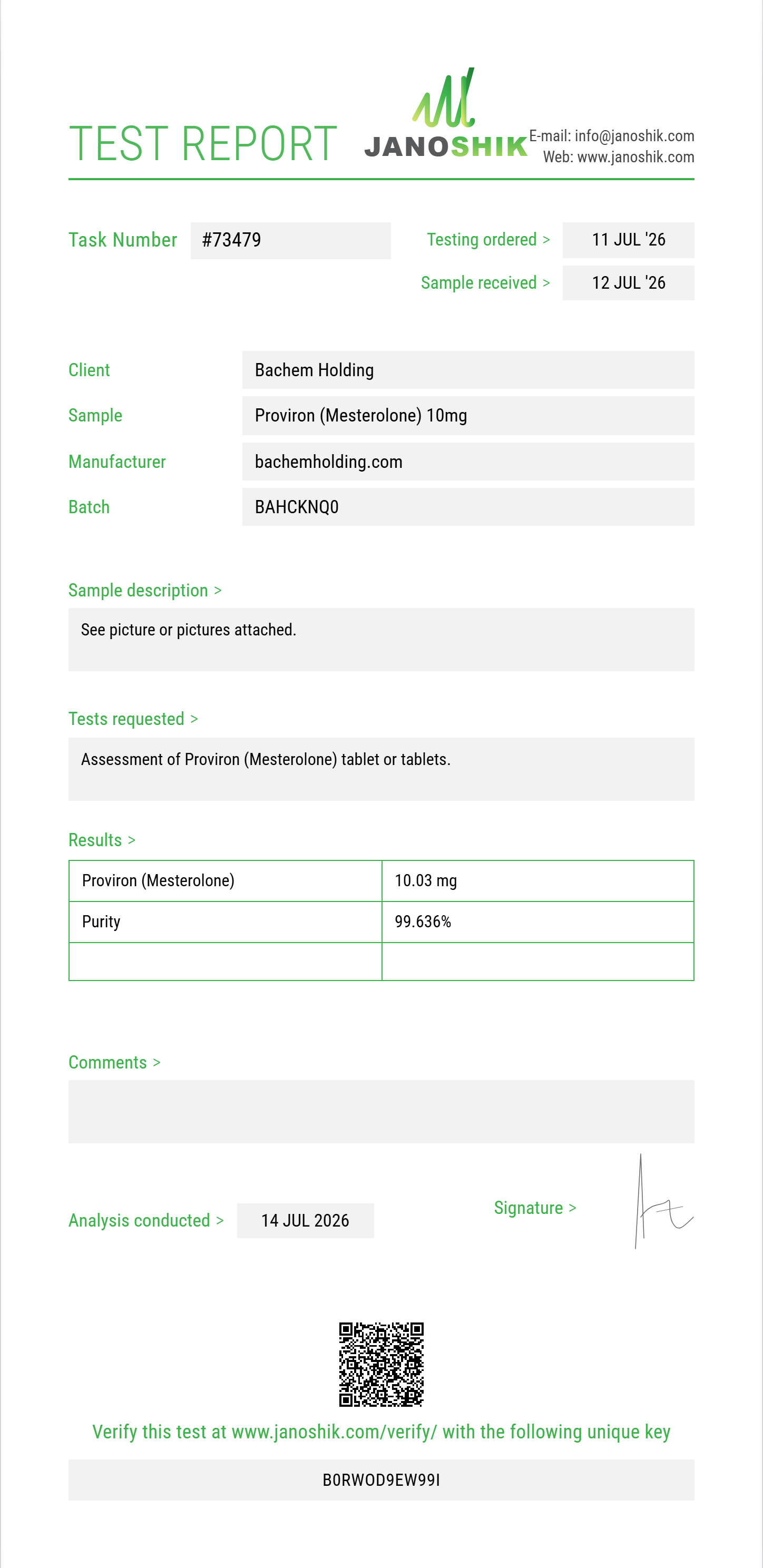 Proviron (Mesterolone) Purity (HPLC) report by Janoshik Analytical