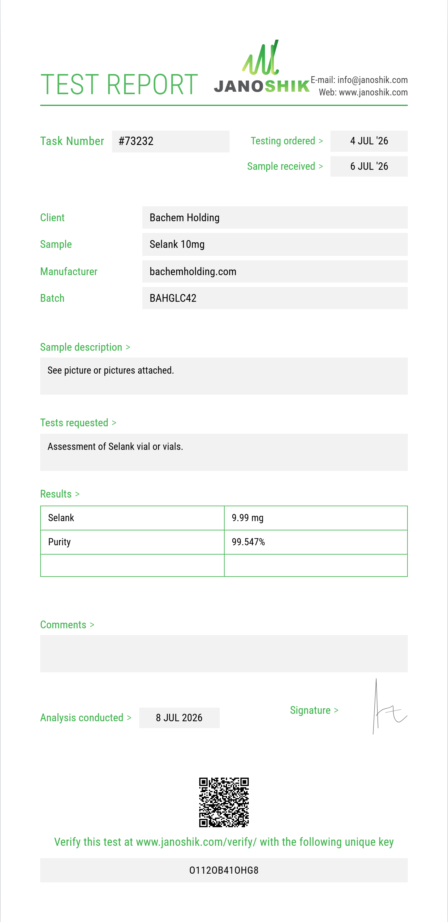 Selank Purity (HPLC) report by Janoshik Analytical