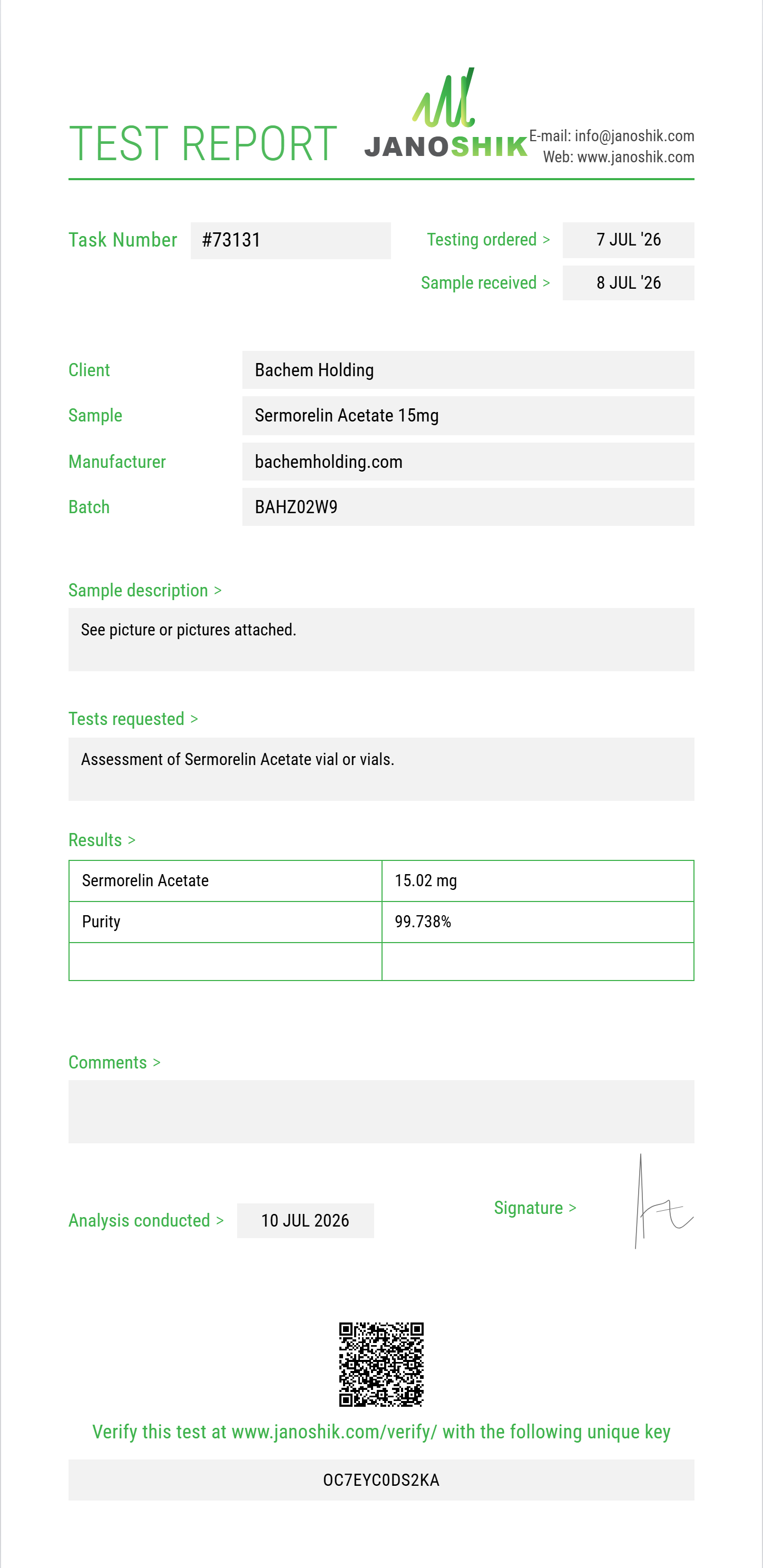 Sermorelin Acetate Purity (HPLC) report by Janoshik Analytical